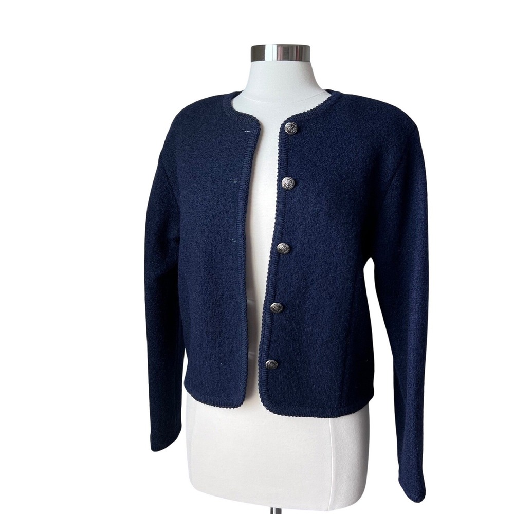 Vintage Talbots 100% Boiled Wool Cardigan Sweater Silver Crest Button Jacket 8